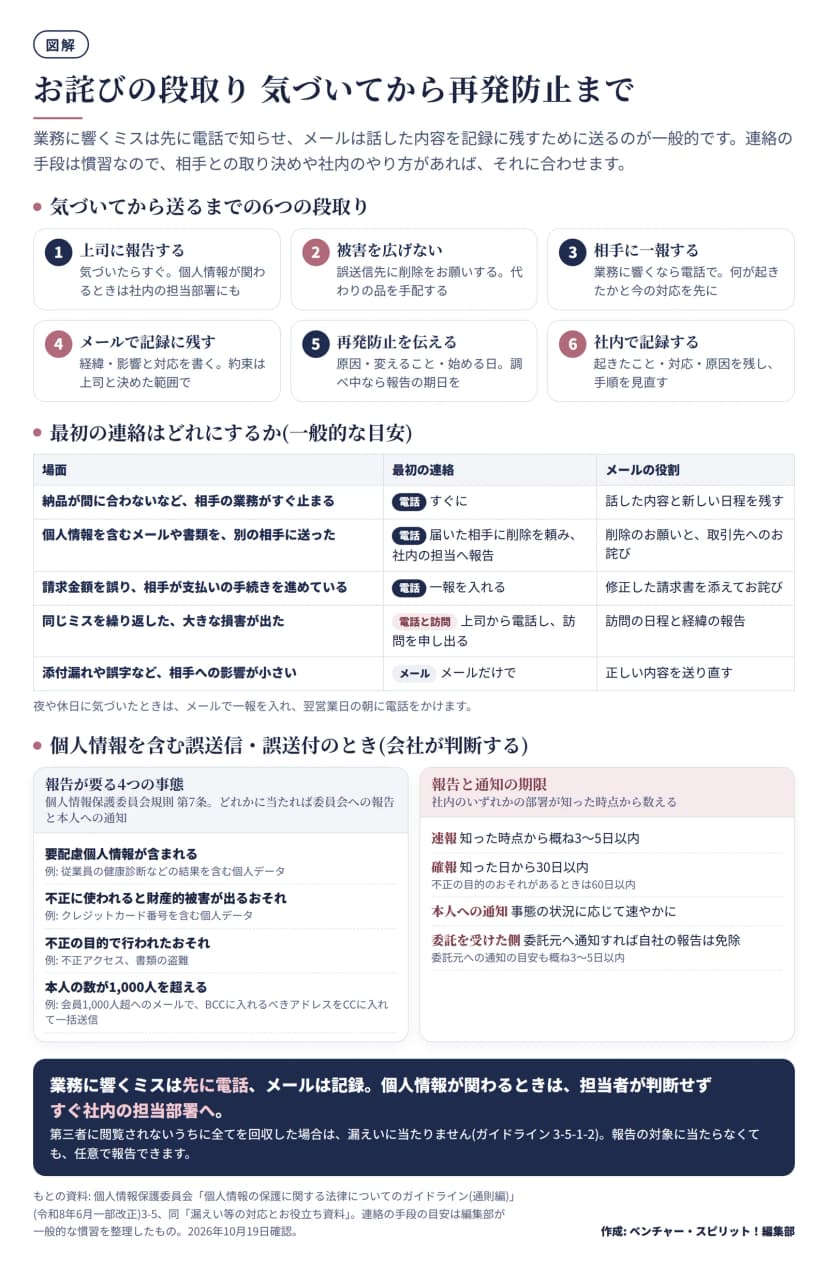 図解。上段は気づいてから送るまでの6つの段取り。1 上司に報告する(気づいたらすぐ、個人情報が関わるときは社内の担当部署にも)。2 被害を広げない(誤送信先に削除をお願いする、代わりの品を手配する)。3 相手に一報する(業務に響くなら電話で、何が起きたかと今の対応を先に)。4 メールで記録に残す(経緯・影響と対応を書く、約束は上司と決めた範囲で)。5 再発防止を伝える(原因・変えること・始める日、調べ中なら報告の期日を)。6 社内で記録する(起きたこと・対応・原因を残し、手順を見直す)。中段は最初の連絡の一般的な目安の表。納品が間に合わないなど相手の業務がすぐ止まる: 電話ですぐに、メールは話した内容と新しい日程を残す。個人情報を含むメールや書類を別の相手に送った: 電話で届いた相手に削除を頼み社内の担当へ報告、メールは削除のお願いと取引先へのお詫び。請求金額を誤り相手が支払いの手続きを進めている: 電話で一報、メールは修正した請求書を添えてお詫び。同じミスを繰り返した、大きな損害が出た: 上司から電話し訪問を申し出る、メールは訪問の日程と経緯の報告。添付漏れや誤字など影響が小さい: メールだけで、正しい内容を送り直す。夜や休日に気づいたときはメールで一報を入れ翌営業日の朝に電話。下段は個人情報を含む誤送信・誤送付のとき(会社が判断する)。報告が要る4つの事態(個人情報保護委員会規則第7条): 要配慮個人情報が含まれる(例 従業員の健康診断などの結果)、不正に使われると財産的被害が出るおそれ(例 クレジットカード番号)、不正の目的で行われたおそれ(例 不正アクセス、書類の盗難)、本人の数が1,000人を超える(例 会員1,000人超へのメールでBCCに入れるべきアドレスをCCに入れて一括送信)。報告と通知の期限(社内のいずれかの部署が知った時点から数える): 速報は知った時点から概ね3〜5日以内、確報は知った日から30日以内(不正の目的のおそれがあるときは60日以内)、本人への通知は事態の状況に応じて速やかに、委託を受けた側は委託元へ通知すれば自社の報告は免除(委託元への通知の目安も概ね3〜5日以内)。第三者に閲覧されないうちに全てを回収した場合は漏えいに当たらない。報告の対象に当たらなくても任意で報告できる。