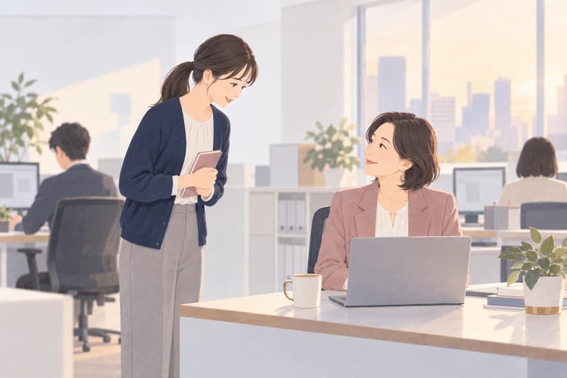 明るいオフィスで、紺のカーディガンを着た30代の女性が、手帳を胸に持って上司の机の横に立ち、少しかがんで話しかけている。机の前に座ったピンクのジャケットの40代の女性の上司が、ほほえんで見上げている。机にはノートパソコンとマグカップ、観葉植物がある。奥では同僚がパソコンに向かい、窓の外にはビルの街並みが見える。