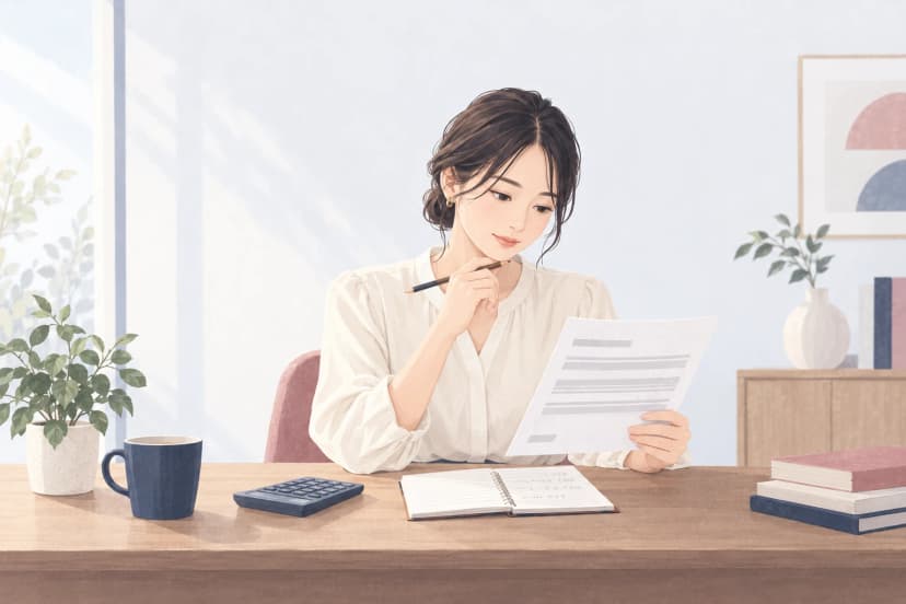 明るい部屋の机で、クリーム色のブラウスの女性が、1枚の給与明細を手に持って見ている。机の上には電卓と、計算を書いたノート、マグカップ、観葉植物がある。