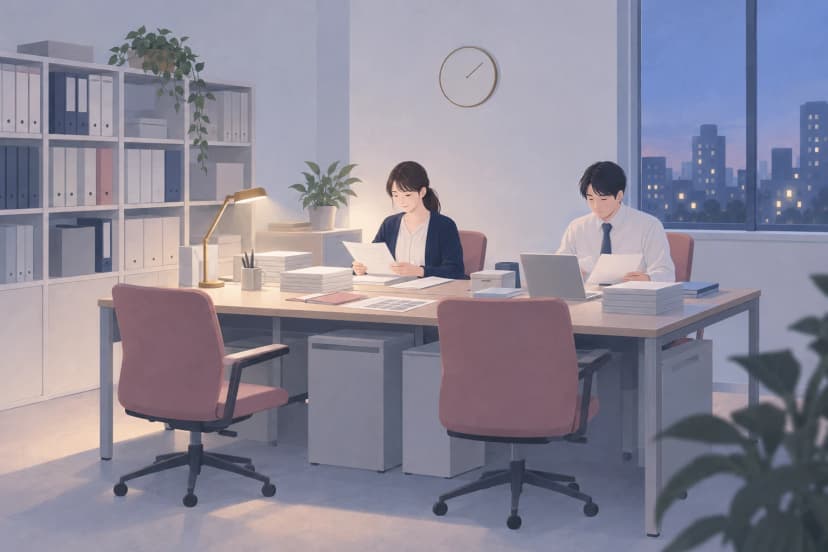 夕方の病院の事務室で、女性と男性の職員が長い机に向かい、書類の束や当直表のような表を見ながら整理している。棚には背表紙に文字のないファイルが並び、窓の外には夕暮れの街が見える。