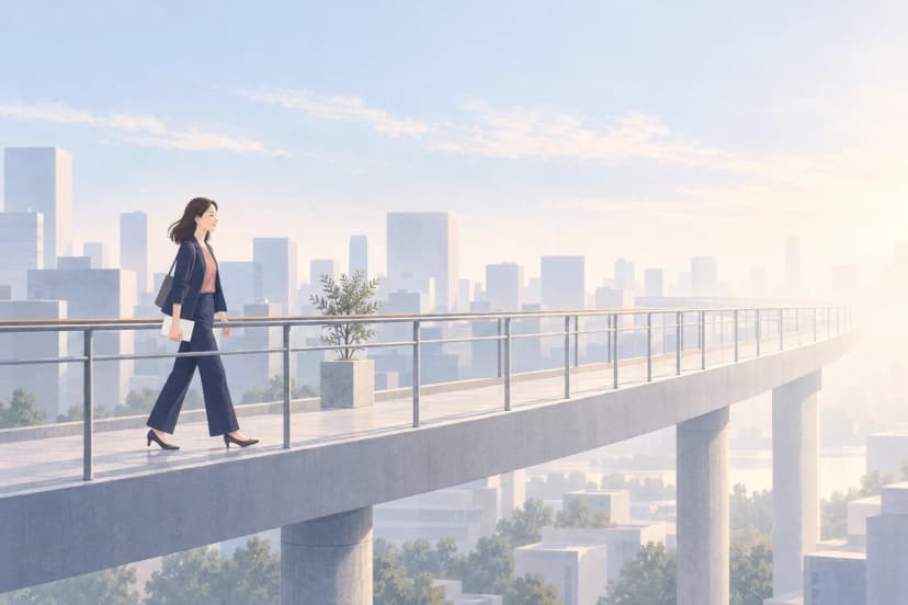 朝の街を見渡す高架の歩道を、紺の上着の女性が白い紙を手に歩いている。歩道は右へゆるく曲がり、先は明るいもやの中に消えて見えない。