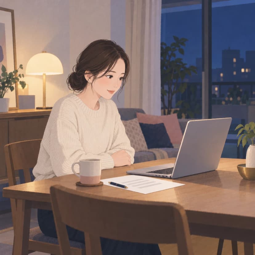 夜の自宅の食卓で、クリーム色のニットの女性がノートパソコンに向かって話を聞いている。手元には線の入った白い紙とペン、マグカップがあり、窓の外には夕暮れの街の明かりが見える。