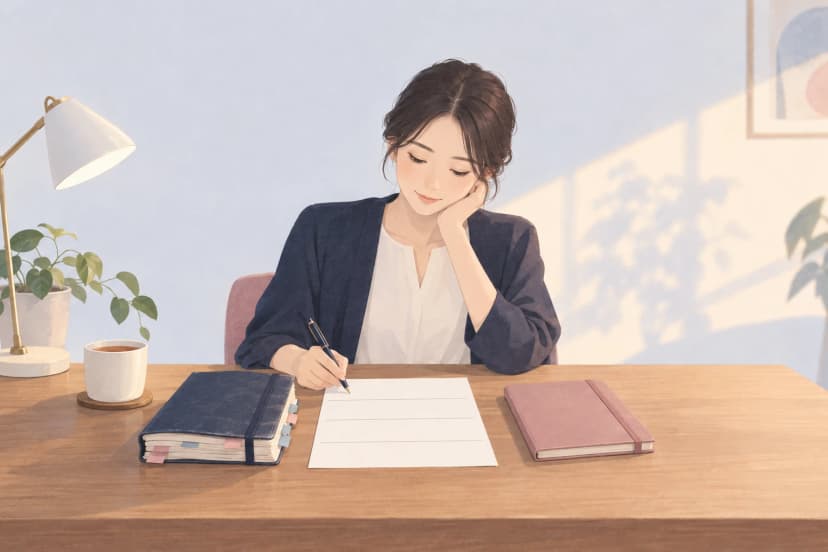 木の机に向かう女性が、ふせんの付いた紺色の手帳と、ピンクの新しい手帳のあいだに置いた白い紙に、ペンで書き込んでいる。紙は線で4つの段に分かれている。机には電気スタンド、紅茶のカップ、観葉植物がある。
