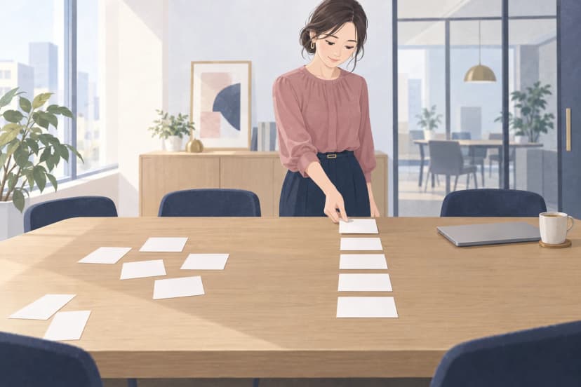 明るい会議室の長い木のテーブルで、くすんだローズ色のブラウスと紺のスカートの30代前半の女性が、白紙のカードを縦1列に並べている。片手で1枚を列の先頭に置いている。テーブルの左には白紙のカードがばらばらに5枚あり、2枚はさらに手前の端に寄せられている。右には閉じたノートパソコンとコーヒーのカップ、奥には観葉植物と紺の椅子がある。
