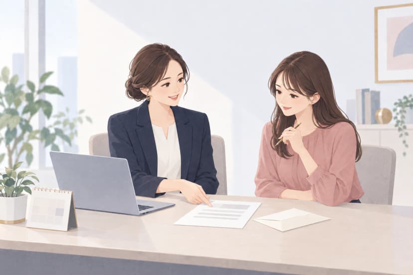 明るいオフィスの机で、紺のジャケットを着た人事の女性が、封筒の横に置いた1枚の書類を指さしながら、ピンクのブラウスの新しく入社した女性に説明している。新しく入った女性はペンを持って話を聞いている。机にはノートパソコンと卓上カレンダーがある。