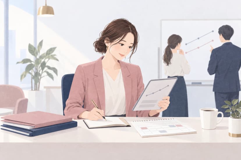 オフィスの机で、タブレットの折れ線グラフと日程表を見ながら手帳に書き込む女性。後ろでは同僚2人がホワイトボードの折れ線を見ている。