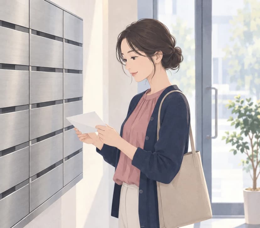 小さなオフィスビルの入口で、無地の金属の郵便受けが並ぶ壁の前に立ち、白い封筒を両手で持って見ている女性のイラスト。