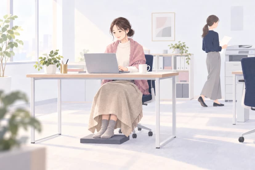 明るいオフィスで、30代の女性がノートパソコンに向かっている。肩にくすんだローズ色のストールを掛け、ひざにベージュのひざ掛けを掛けて、厚手の靴下をはいた足を机の下の低い足台にのせている。机の上には白いマグカップ。奥では同僚が書類を手に、コピー機のほうへ歩いている。
