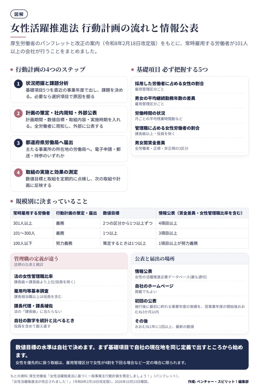 行動計画の4ステップ(状況把握と課題分析、策定・周知・公表、労働局への届出、実施と測定)、基礎項目5つ、301人以上・101〜300人・100人以下の行動計画と情報公表の違いの表、女性管理職比率の定義と公表の場所