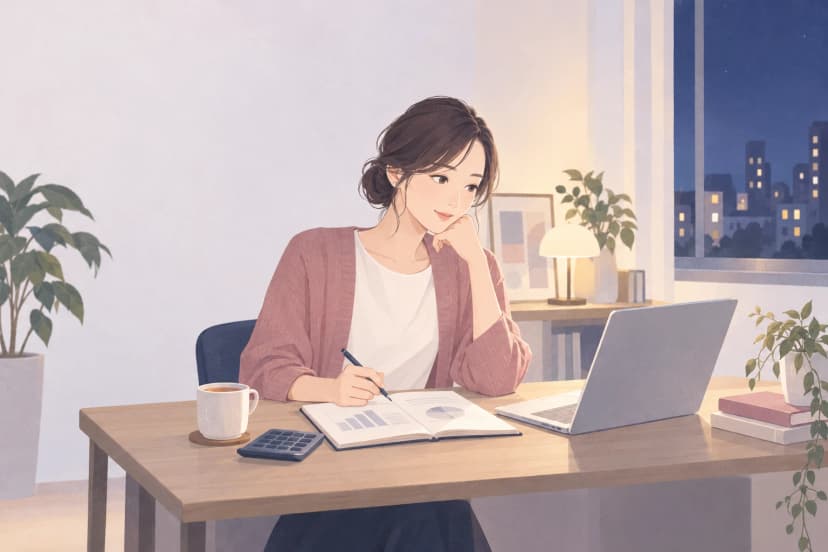 夜、窓の外に街の明かりが見える部屋で、30代前半の女性が木の机に向かい、ノートにペンで書き込みながらノートパソコンを見ている。机の上には電卓とマグカップ、積んだ本、観葉植物がある。