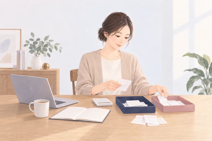 明るい部屋のダイニングテーブルで、ベージュのカーディガンを着た30代の女性が、手に取った控えの紙を紺とピンクの2つのトレーに分けている。机の上には横から見たノートパソコン、電卓、紅茶の入ったマグ、灰色の線だけのノートが置かれ、棚には観葉植物がある。