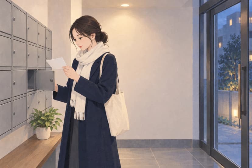 夕方のマンションの集合郵便受けの前で、紺のコートに白いマフラーの30代の女性が、開けた郵便受けから取り出した白い封筒を手に持って見ている。肩には布のトートバッグ。郵便受けの扉には番号も名札もなく、下の木の棚に観葉植物がある。右側のガラス戸の外は暮れかけた青い空。