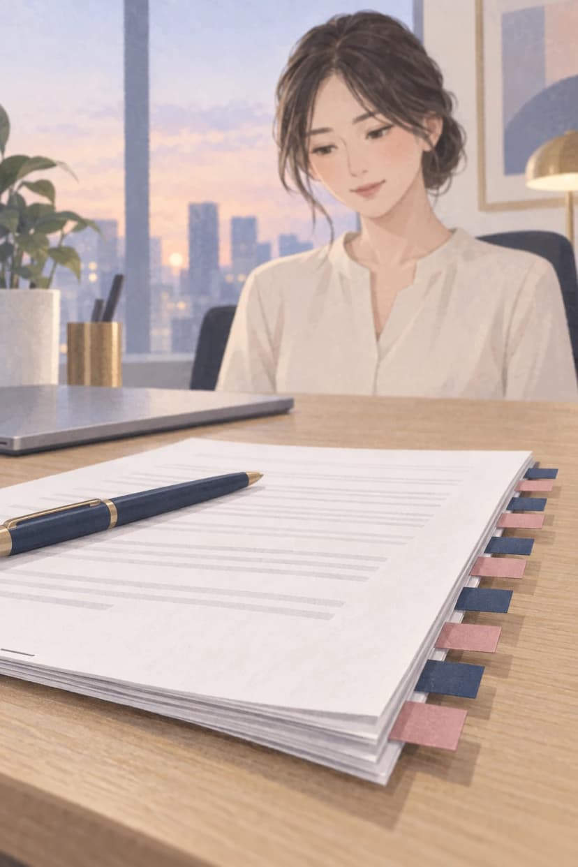 夕方の窓辺の机で、クリーム色のブラウスを着た30代前半の女性が、手前の契約書を落ち着いて見下ろしている。灰色の線だけが描かれた綴じた書類の右端に、紺とローズの付せんが8枚並び、上に紺のペンが置かれている。そばには閉じたノートパソコンがある。