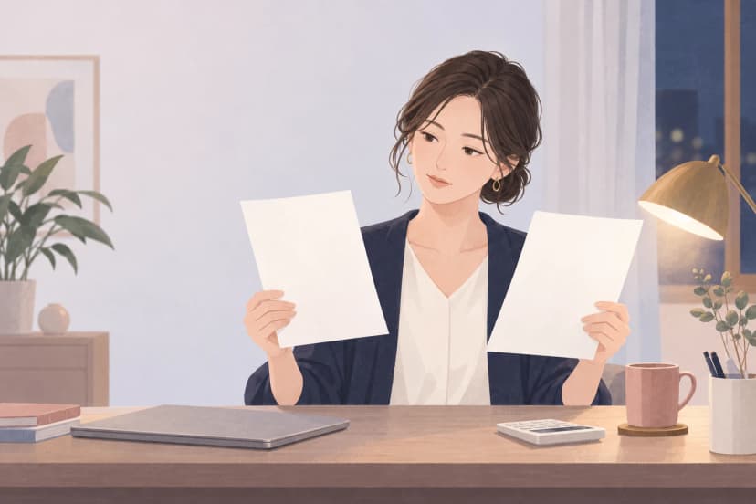 仕事を終えた夜、自宅の机で紺のジャケットの女性が白紙の書類を左右の手に1枚ずつ持ち、見比べている。机には閉じたノートパソコンと電卓、マグカップがあり、デスクライトが灯っている。