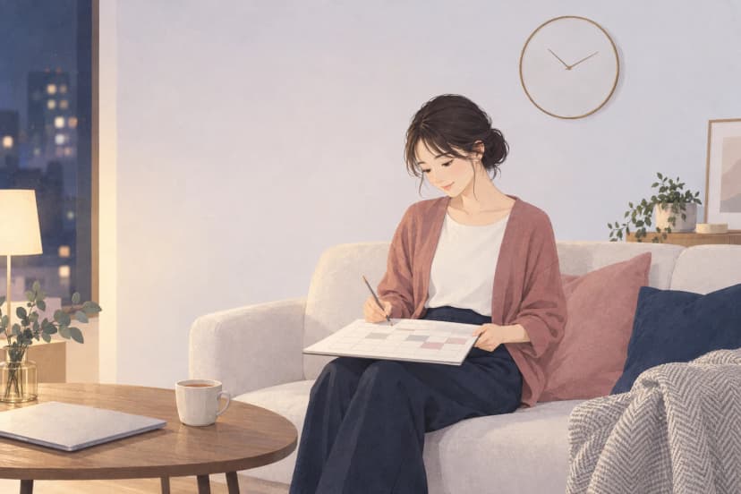 夜の部屋のソファで、ローズ色のカーディガンを着た20代後半の女性が、膝の上の1週間の予定表のマス目に鉛筆で色を塗っている。そばのテーブルには閉じたノートパソコンと紅茶のカップ、壁には数字の無い丸い時計がある。