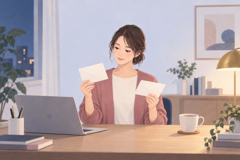 夜の部屋の机で、ローズ色のカーディガンを着た20代後半の女性が、文字の無い白い封筒を両手に1通ずつ持って見比べている。机にはノートパソコンとコーヒーのカップがある。