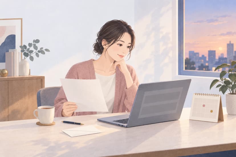 夕方の部屋で、ピンクのカーディガンを着た30代の女性が、何も書かれていない1枚の紙を手に持ち、頬に手を当てて考えている。机にはノートパソコン、2つの日に小さな丸い印がついた卓上カレンダー、ペン、封筒、紅茶のカップがあり、窓の外に夕暮れの街が見える。