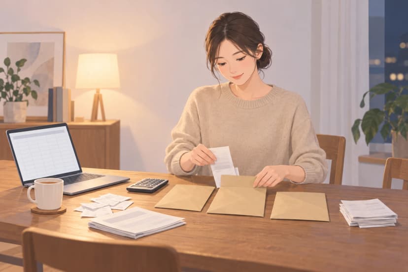夜の部屋の木のテーブルで、ベージュのセーターを着た30代の女性が、灰色の線だけのレシートを手に取り、何も書かれていない3つの茶封筒に分けて入れている。テーブルには、空の表が映ったノートパソコン、電卓、紅茶のマグカップ、まとめた書類の束がある。