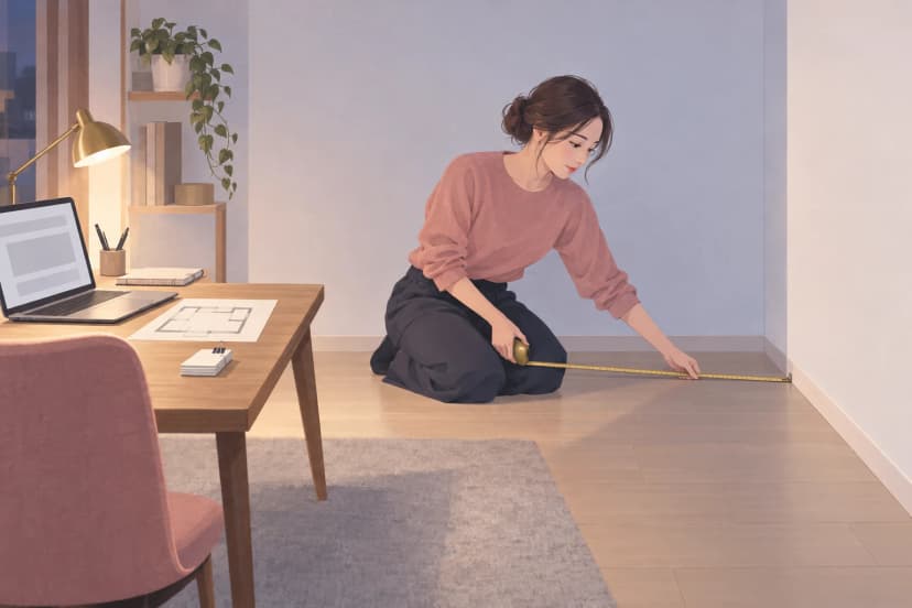 夜の部屋で、ピンクのセーターを着た30代の女性が床に膝をつき、メジャーで部屋の壁ぎわの長さを測っている。そばの木の机には、灰色の画面のノートパソコン、デスクライト、線だけの間取り図、ノート、留めた白い紙の束が置かれている。