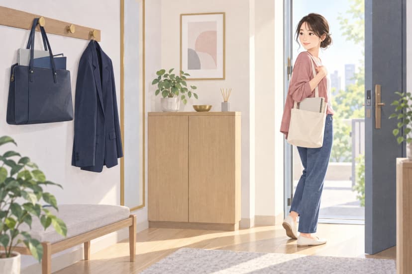 週末の朝の明るい玄関。右側で、ローズ色のカーディガンとジーンズの30代前半の女性が、開いたドアの前で振り返っている。肩には無地の布のトートバッグを掛け、自分のノートをのぞかせている。左の壁のフックには、ノートパソコンと紺のファイルが入った紺の仕事用のかばんと、紺のジャケットが掛かったまま残っている。