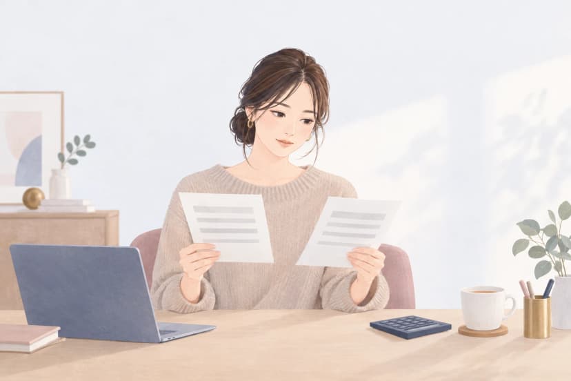 明るい部屋の机で、ベージュのニットを着た20代後半の女性が、灰色の線だけの紙を両手に1枚ずつ持って見比べている。机にはノートパソコン、電卓、紅茶のカップがある。
