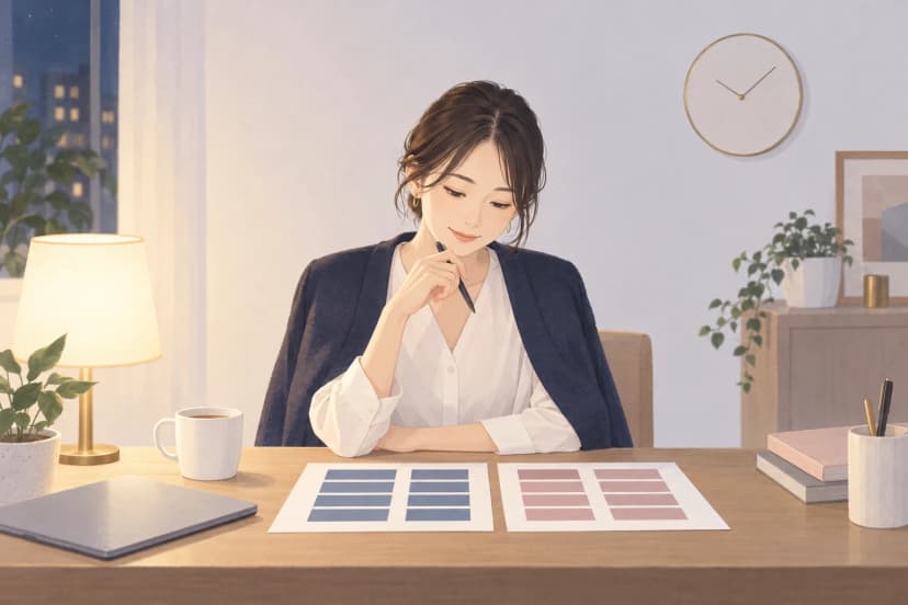 夜の自宅の木の机で、紺のジャケットを羽織った30代前半の女性が、ペンを手に、紺の色の枠が並ぶ紙と、くすんだローズ色の枠が並ぶ紙の2枚の予定表を見比べている。机には紅茶のマグ、閉じたノートパソコン、ペン立て、本があり、壁には数字のない時計が掛かっている。