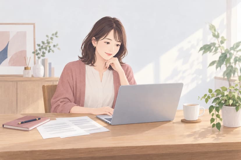 日の差し込む自宅の木の机で、ローズ色のカーディガンを着た30代前半の女性が、ノートパソコンで会社の規則を落ち着いて読んでいる。手元には灰色の線だけが描かれた書類が数枚と、ペンを載せたノート、紅茶のマグ、観葉植物がある。