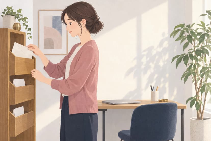 明るい部屋で、くすんだローズ色のカーディガンを着た女性が、木製の縦長のラックに無地の封筒を入れている。ラックには封筒が入る段が3つあり、下の2段にも小さな封筒が入っている。後ろの机には閉じたノートパソコンと紺の椅子、右に背の高い観葉植物がある。