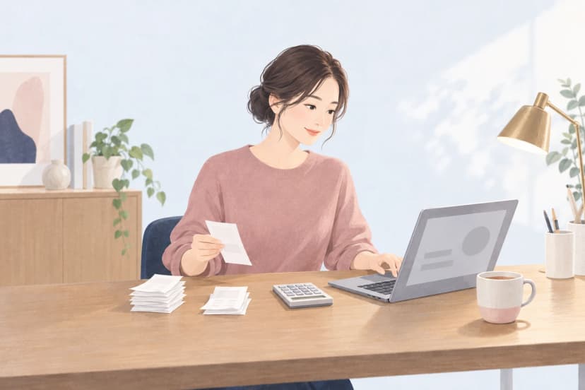 自宅の木の机で、ピンクのセーターを着た30代の女性が、何も書かれていない領収書を手に取り、ノートパソコンに数字を入力している。机には分けて重ねた2つの領収書の束、電卓、マグカップがあり、横に卓上ライトと観葉植物がある。