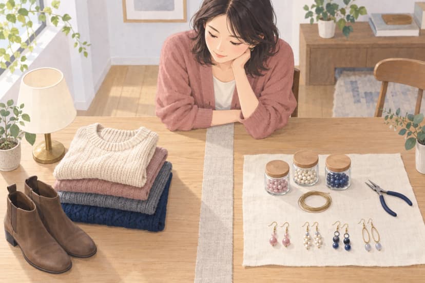 上から見下ろした木のテーブルが、中央の麻の細い布で左右に分けられている。左には着古したニットのセーター、茶色のショートブーツ、小さなテーブルランプが置かれ、右には白い布の上にビーズの入った小瓶、細いワイヤー、丸ペンチと、手作りのビーズのピアスが4組並ぶ。奥ではくすんだピンクのカーディガンを着た30代の女性が、頬に手を当てて左右の品を見比べている。