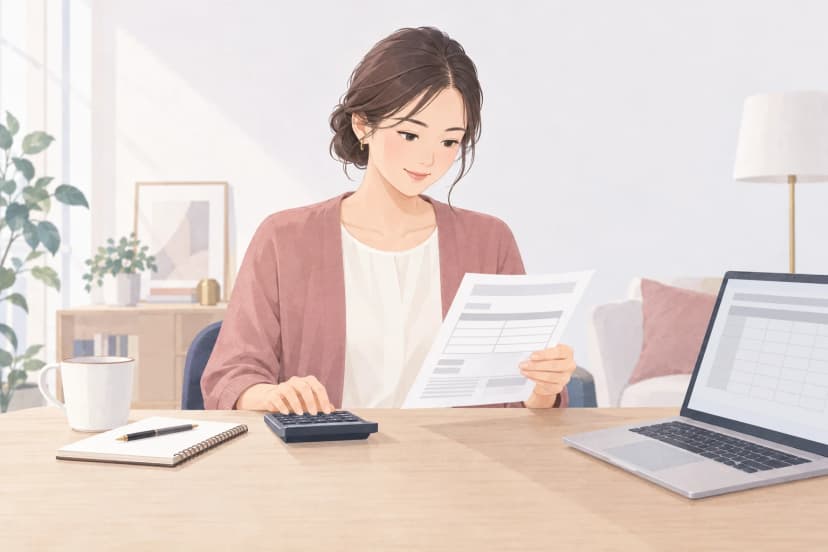 自宅の机で、ピンクのカーディガンを着た30代の女性が、枠だけの書類を見ながら電卓を押している。机にはノート、マグカップ、開いたノートパソコンがある。