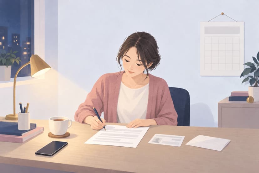 夜の部屋の机で、ピンクのカーディガンを着た30代の女性が、申請書に万年筆で記入している。机には紅茶のカップ、スマートフォン、身分証のコピーのような紙、封筒があり、壁には枠だけのカレンダーが掛かっている。