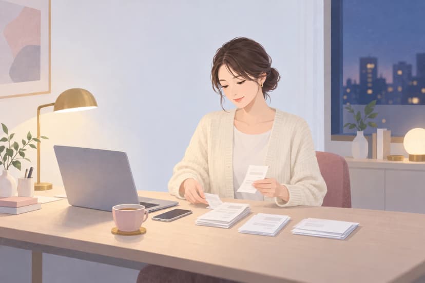 夜の部屋の机で、クリーム色のカーディガンを着た30代の女性が、数枚の紙を手に取って整理している。机にはノートパソコン、スマートフォン、紅茶のカップ、重ねた書類が置かれ、窓の外には夜の街の灯りが見える。