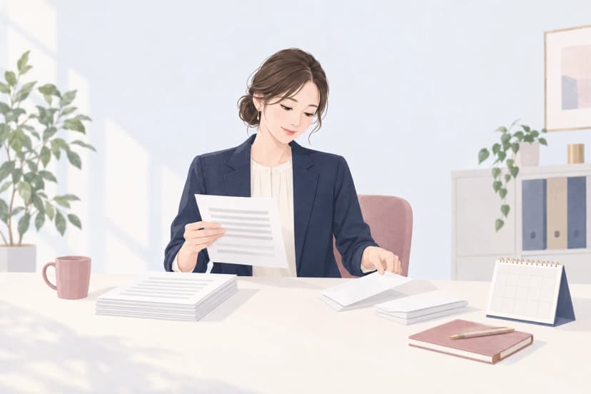 書類のリストを手に取り、封筒と卓上カレンダーを並べて確認している、総務の机に向かう女性のイラスト