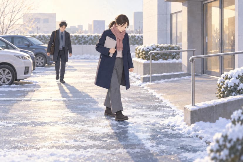 雪の積もった朝のオフィスの裏手。紺のコートにくすみピンクのマフラー、底の厚い平らな冬用ブーツの女性が、クリップボードを胸に抱え、足元の凍った路面を見ながら小さな歩幅で歩いている。右には手すりの付いたゆるやかなスロープとガラスの玄関、左奥には雪をかぶった車が並ぶ駐車場があり、車から降りた男性が肩掛けのかばんで両手を空け、慎重に歩いてくる。低い朝日で長い影が伸びている。
