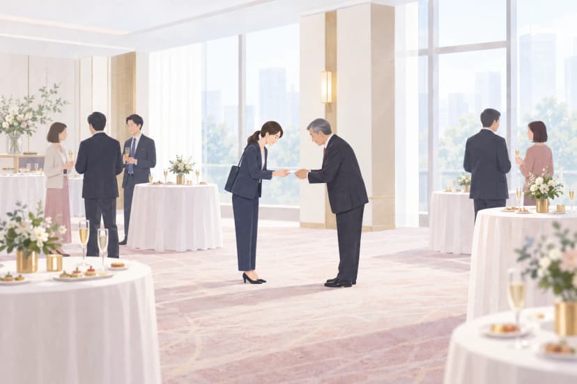 明るいホテルの宴会場で、紺のジャケットの女性と年配の男性が軽くお辞儀をして名刺を交換している。まわりには丸い立食テーブルと、歓談する人たちが遠くに見える。