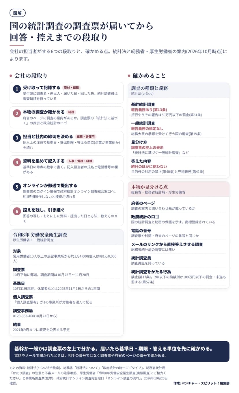 会社の段取りは6つ。1 受け取って記録する(受付・総務。受付簿に調査名・差出人・届いた日・回した先を書く。統計調査員は調査員証を持っている)。2 本物の調査か確かめる(総務。府省のページに調査の案内があるか、調査票の「統計法に基づく」の表示と政府統計のロゴ)。3 担当と社内の締切を決める(総務と各部門。記入上の注意で基準日・提出期限・答える単位を読む)。4 資料を集めて記入する(人事・労務・経理。基準日の時点の数字で書き、記入担当者の氏名と電話番号の欄がある)。5 オンラインか郵送で提出する(調査票のログイン情報で政府統計オンライン調査総合窓口へ。約1時間操作しないと接続が切れる)。6 控えを残し引き継ぐ(回答の写し、もとにした資料、提出した日と方法、数え方のメモ)。左下は令和8年労働安全衛生調査(厚生労働省・一般統計調査): 対象は常用労働者10人以上の民営事業所から約1万4,000(個人は約1万8,000人)、調査票は10月下旬に郵送で調査期間は10月25日から11月20日、基準日は10月31日現在で休業者などは2025年11月1日からの1年間、個人調査票有が1の事業所が対象者を選んで配る、調査事務局は0120-363-460で10月23日から、結果は2027年9月までに概況を公表予定。右は確かめること。調査の種類と義務: 基幹統計調査は報告義務あり(第13条)で拒否やうその報告は50万円以下の罰金(第61条)、一般統計調査は報告義務の規定なしで総務大臣の承認を受けて行う国の調査(第19条)、見分け方は調査票の左上の表示、答えた内容は統計のほかに使わない(目的外利用の禁止 第40条と守秘義務 第41条)。本物か見分ける点: 府省のページに調査の案内と問い合わせ先があるか、政府統計のロゴは国の統計調査と秘密の保護を示し商標登録されている、電話の番号が調査票や封筒・府省のページと同じか、メールのリンクから直接答えさせる調査は総務省統計局の調査には無い、統計調査員は調査員証を持つ、統計調査をかたる行為は禁止(第17条)で2年以下の拘禁刑か100万円以下の罰金・未遂も罰する(第57条)。