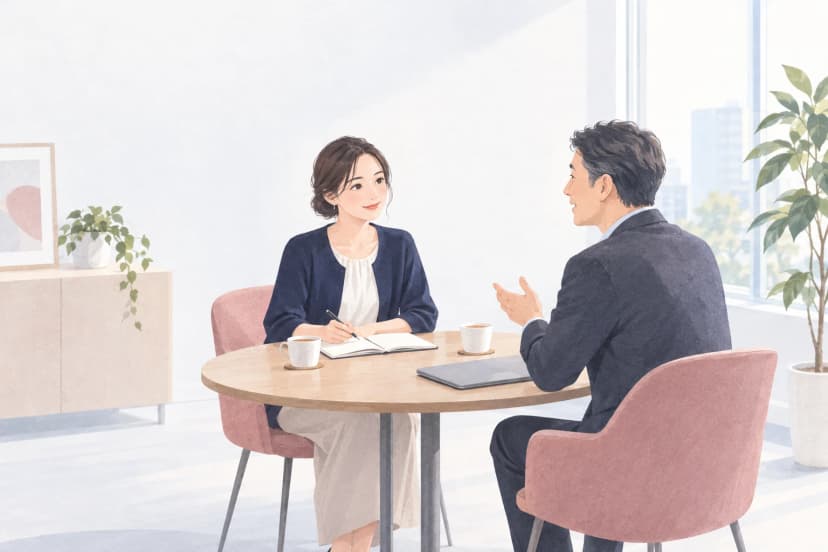 明るいオフィスの窓際の丸いテーブルで、紺のカーディガンを着た30代前半の女性のリーダーが、開いたノートにペンを置いてほほえみながら話を聴いている。向かいでは40代の男性の同僚が、手ぶりを交えて落ち着いて話している。机にはコーヒーカップが2つと閉じたノートパソコン、窓辺と部屋の奥に観葉植物がある。