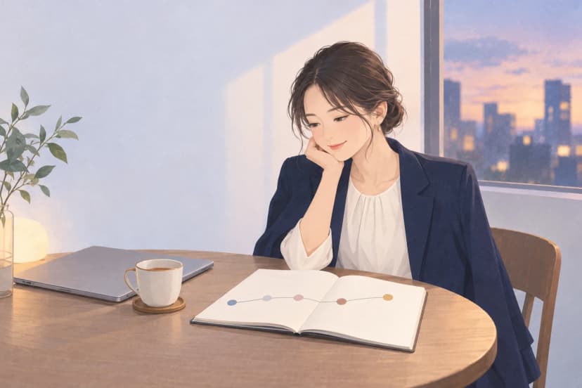 仕事帰りに窓辺のテーブルで、30代前半の女性がほおづえをつき、開いたノートを見ている。ノートには色の点を線でつないだ簡単な年表が描かれ、文字や数字はない。そばに閉じたノートパソコンと紅茶のカップ、観葉植物があり、窓の外は夕暮れの街。