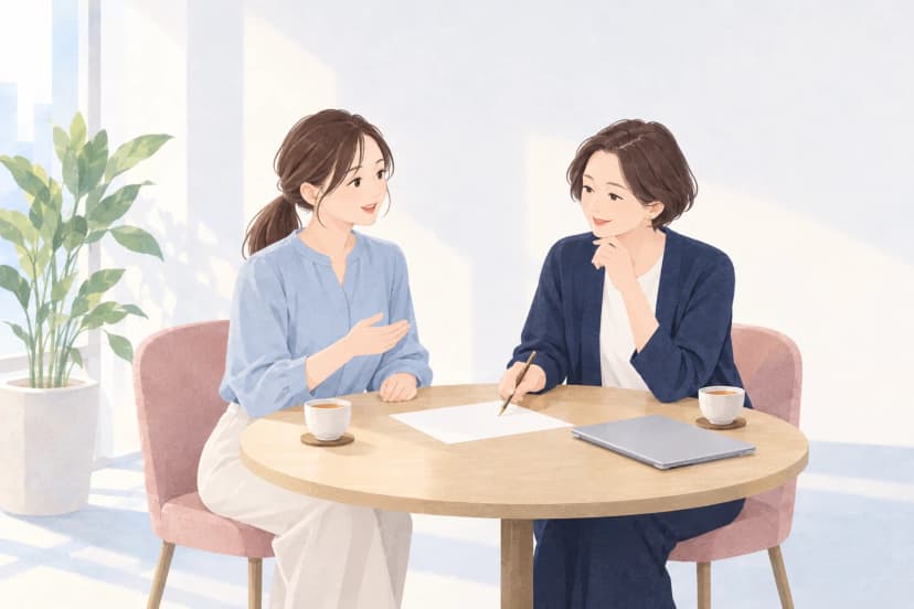 明るいオフィスの窓際の丸いテーブルで、水色のブラウスを着た20代後半の女性が、手ぶりを交えて落ち着いて説明している。向かいでは紺のカーディガンを着た40代前半の女性の上司が、あごに手を添えてほほえみながら聞き、テーブルの上の白い紙をペンで指している。机には湯のみが2つと閉じたノートパソコン、窓辺に観葉植物がある。