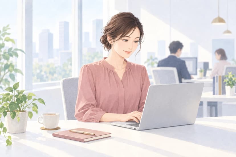 明るいオフィスの大きな窓際で、くすんだピンクのブラウスを着た30代前半の女性が、白い机でノートパソコンに向かい、落ち着いた表情で文章を打っている。机には紅茶のカップ、閉じたノートとペン、観葉植物がある。窓の外にはビルが見え、奥では同僚が仕事をしている。