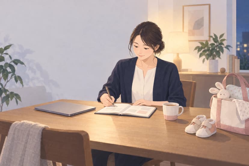 夜のダイニングテーブルで、紺のカーディガンの30代前半の女性が、ペンを持って開いた手帳に書き込んでいる。横には閉じたノートパソコンと紅茶のカップ、テーブルの端に小さな子ども用の靴と、うさぎのぬいぐるみが入ったピンクの通園バッグがある。奥には明かりのついたスタンドと観葉植物。