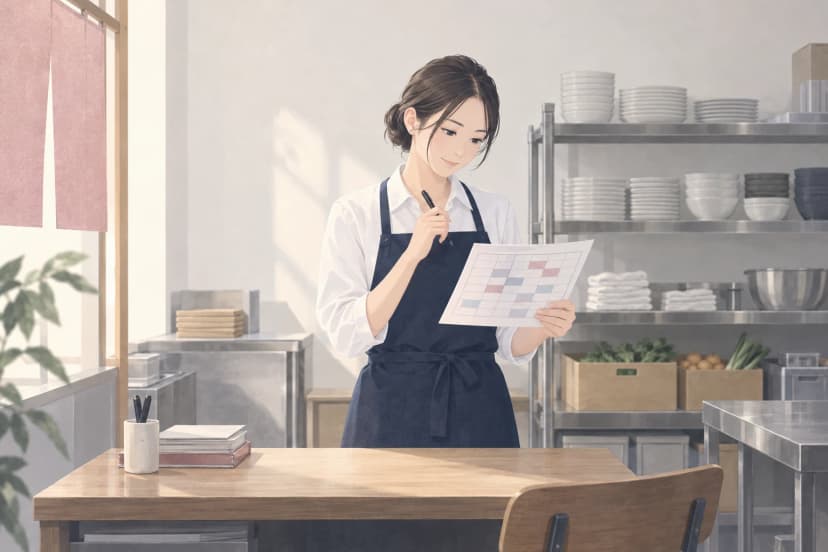 飲食店のバックヤードで、紺のエプロンをつけた女性の店長が、色の付いた枠が並ぶシフト表を片手に持ち、ペンを口元に当てて見ている。後ろのステンレスの棚には白い皿や鉢、たたんだタオル、野菜の入った箱が並ぶ。