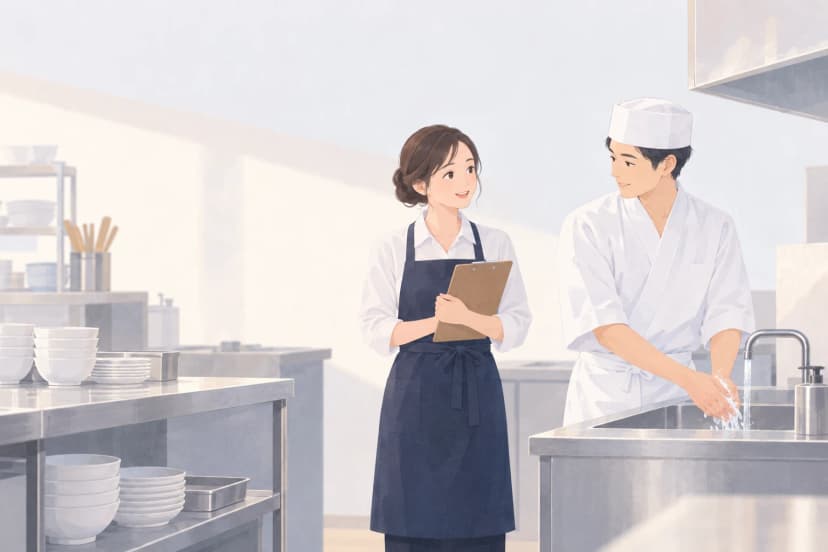 開店前の明るい厨房。紺のエプロンを着た30代の女性の店長がクリップボードを持ち、白い調理服と帽子の若い男性の調理担当者に話しかけている。男性はステンレスの流しで手を洗っている。手前の台と棚には白い器が重ねて並ぶ。