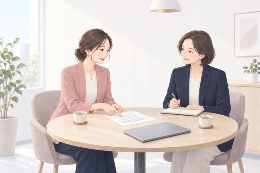 明るい会議室の丸いテーブルで、ピンクのジャケットの30代の女性が、灰色の線だけが描かれた1枚の紙を指さしながら話し、紺のジャケットの40代の女性の上司がほほえんでノートにメモを取っている。机には閉じたノートパソコンと湯飲みが2つ、窓辺に観葉植物がある。