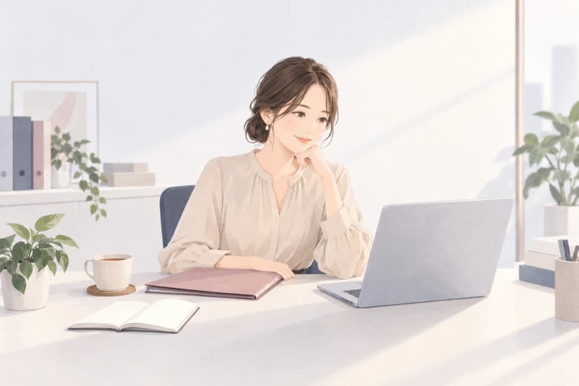 明るい事務室の机で、ベージュのブラウスを着た20代後半の女性が、頬に手を添えてノートパソコンの画面を見ながら考えている。机には閉じたピンクのファイル、白紙のノート、紅茶のカップと観葉植物があり、後ろの棚にはファイルが並ぶ。