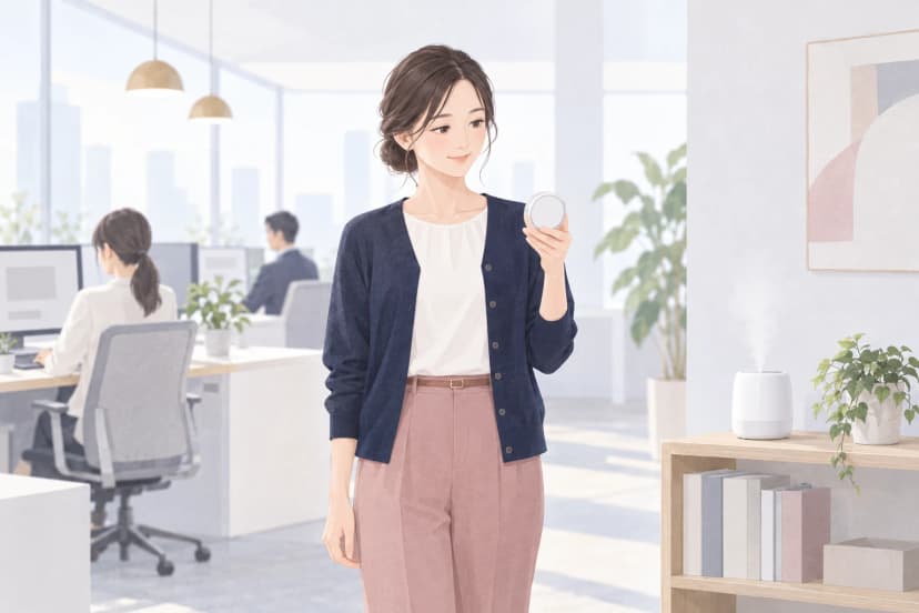 明るいオフィスの真ん中で、紺のカーディガンを着た30代の女性が、文字の無い丸い温湿度計を胸の高さで見ている。そばの棚には湯気の出る白い加湿器があり、後ろでは同僚が机で仕事をしている。