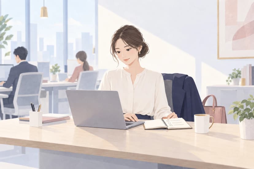明るいオフィスの午後、白いブラウスの30代前半の女性が自分の席でノートパソコンに打ち込みながら、横に開いたチェックリストの手帳を見ている。椅子の背には紺のジャケット、足元の横にはピンクのトートバッグがあり、帰る支度ができている。机にはペン立てとマグカップと観葉植物、奥では同僚が働いている。