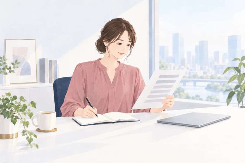 明るいオフィスの大きな窓際で、くすんだピンクのブラウスを着た30代前半の女性が、白い机で灰色の線だけが並んだ書類を片手に持ち、開いたノートにペンで書き込んでいる。机には紅茶のカップと閉じたノートパソコン、観葉植物があり、窓の外にはビルと川が見える。