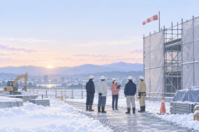 雪の積もった朝の建設現場。除雪して砂利のまかれた通路に、ヘルメットをかぶった5人が輪になって立ち、クリップボードを持った女性の話を聞いている。右にはシートで覆った足場と吹き流し、手前にカラーコーン、奥に小型のショベルカーと町並み、朝日がのぼる山なみが見える。